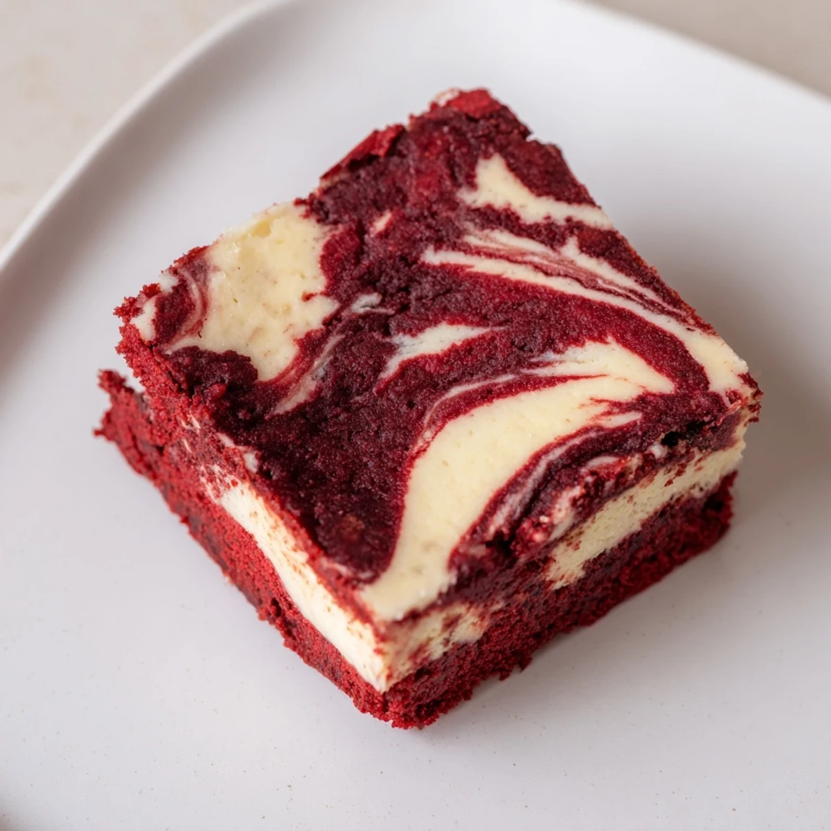 Freshly baked Red Velvet Cheesecake Brownies showcasing a rich red crumb and smooth cheesecake ribbon.