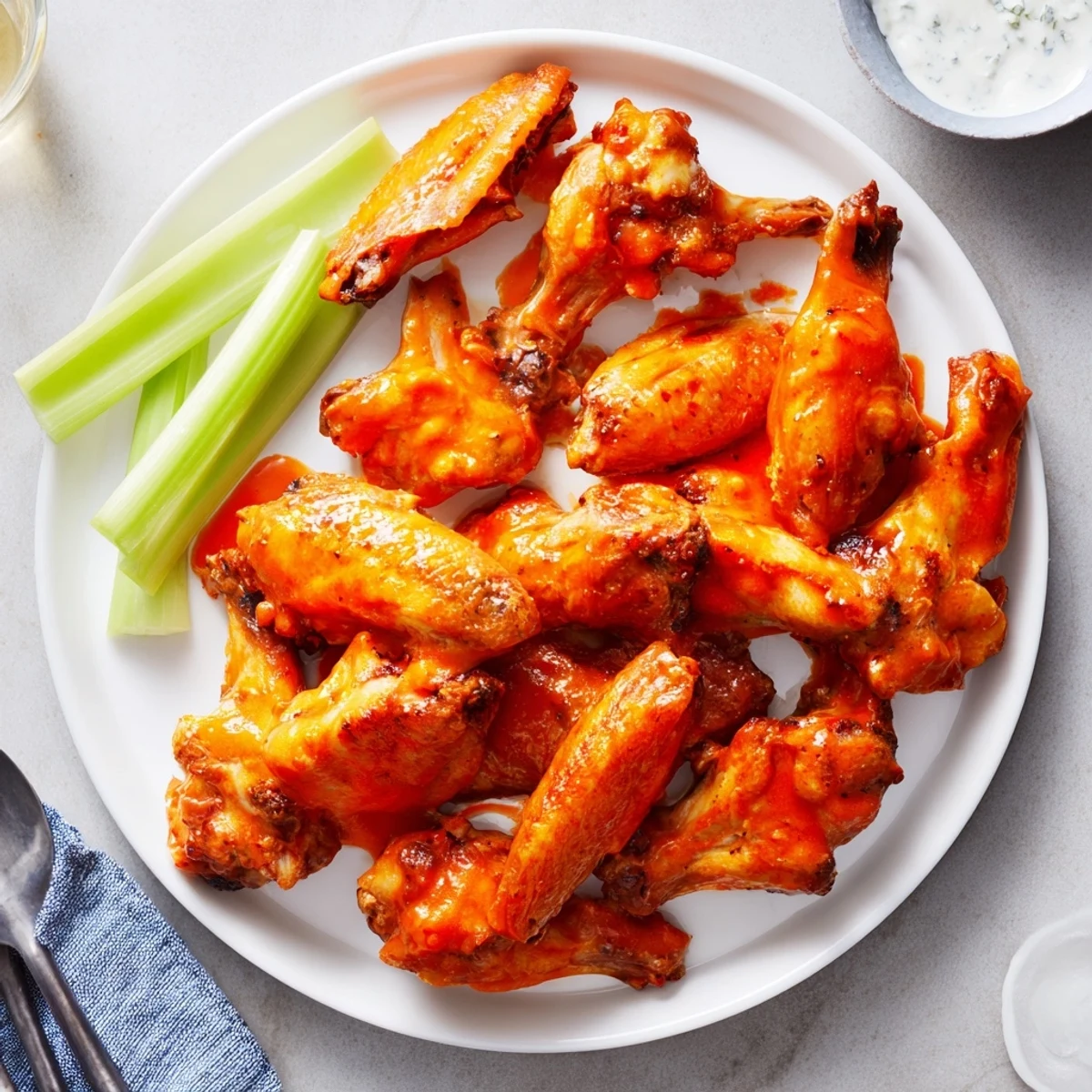 A platter of Crispy Smoked Buffalo Wings served with crisp celery sticks and cool ranch.