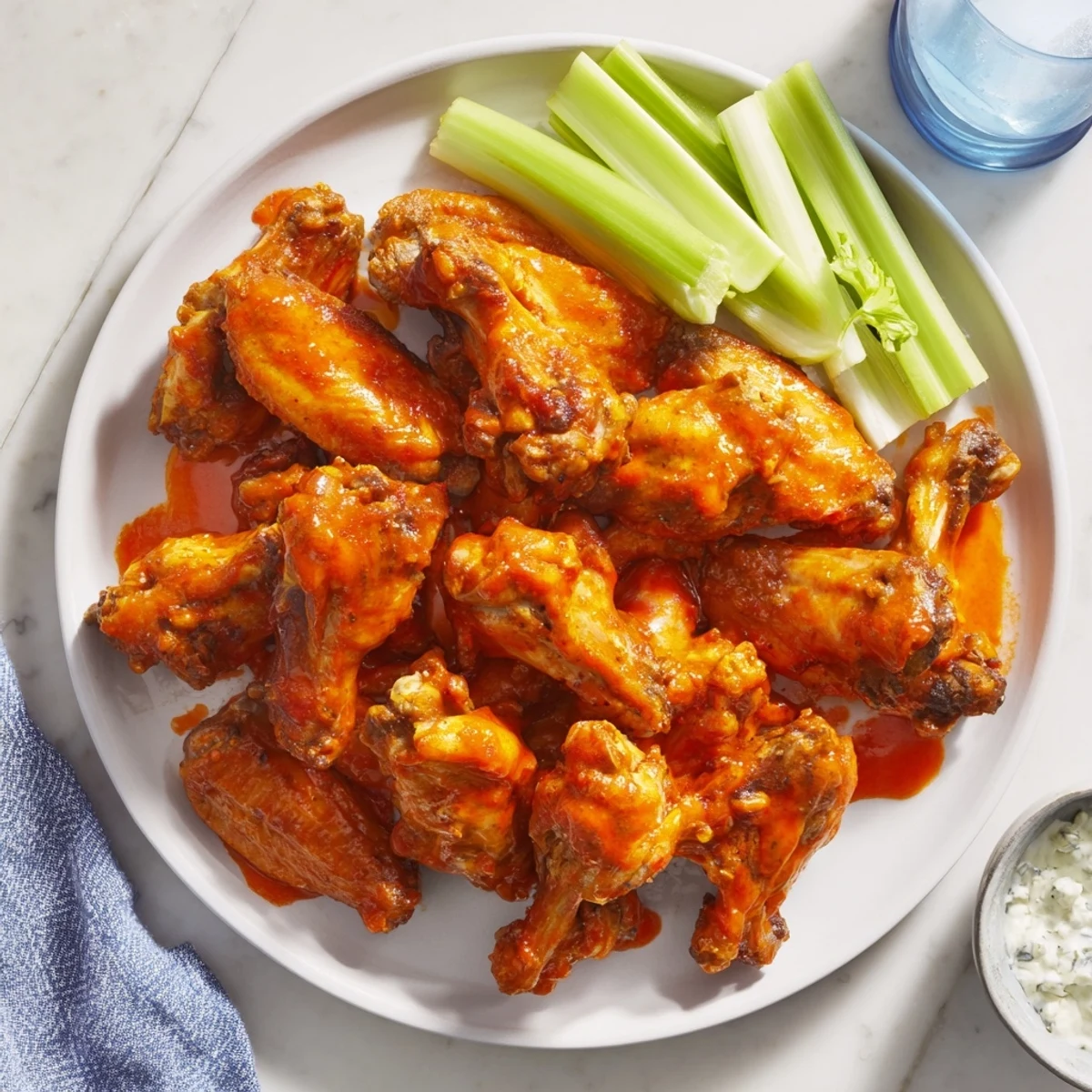 Closely stacked Crispy Smoked Buffalo Wings with smoky grill marks and dripping buffalo sauce.