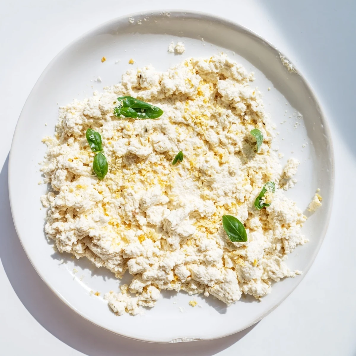 Creamy homemade Tofu Ricotta in a white bowl, sprinkled with fresh basil leaves and a drizzle of olive oil for serving.