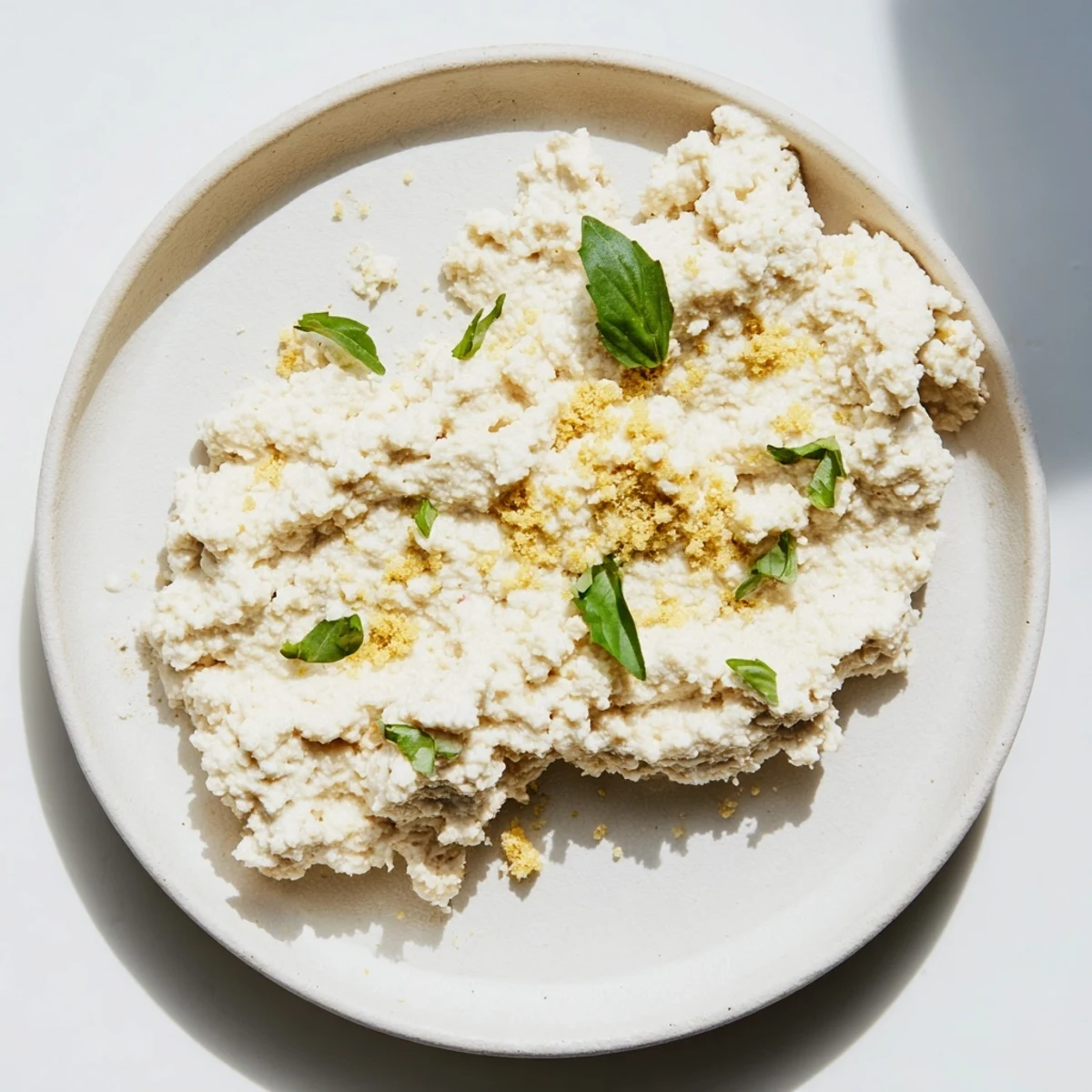 Close-up of vibrant Tofu Ricotta in a rustic dish, perfect for stuffing into vegan lasagna or spreading on crusty bread.