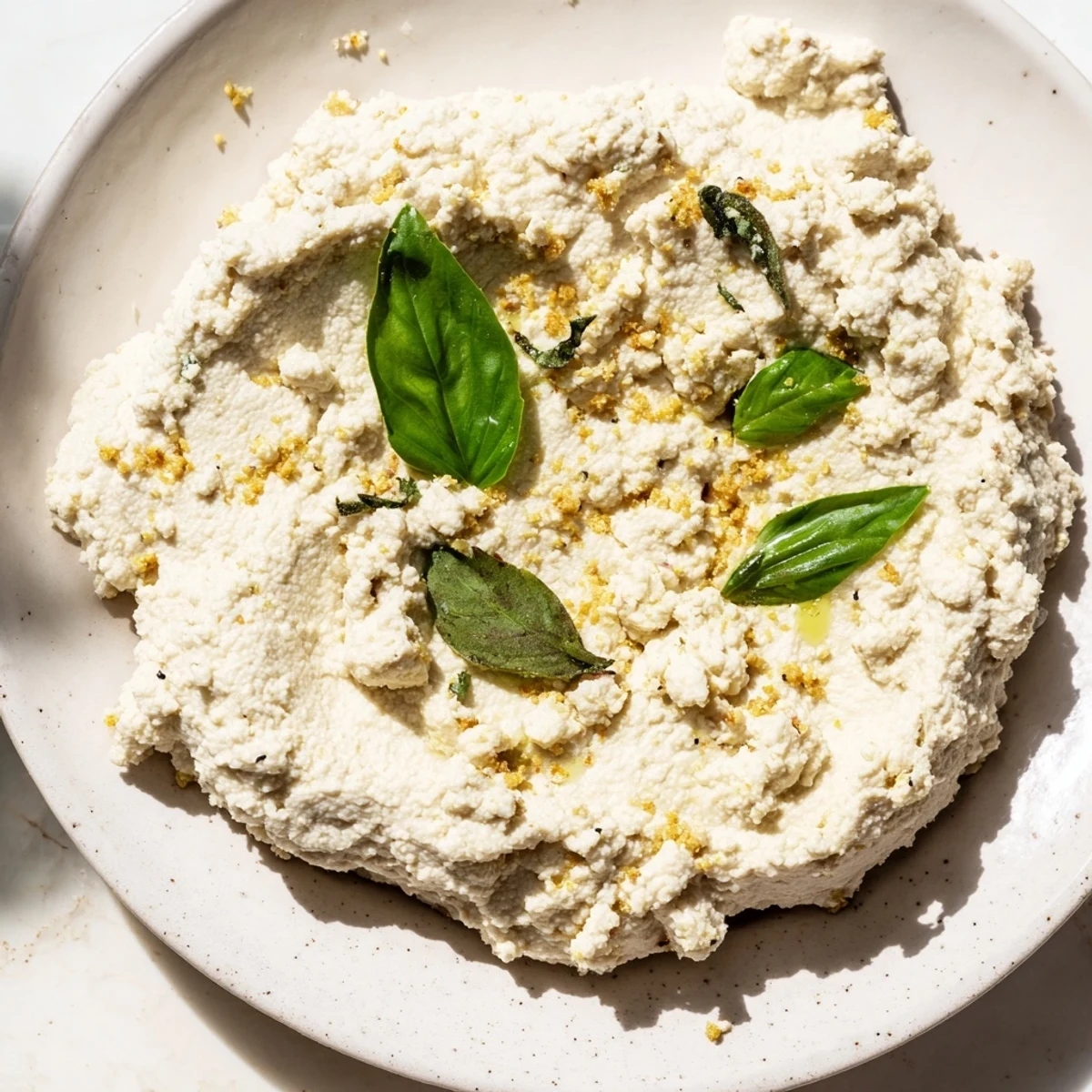 Smooth, textured Tofu Ricotta garnished with chopped parsley and lemon zest, ready to be enjoyed as a delicious vegan appetizer.