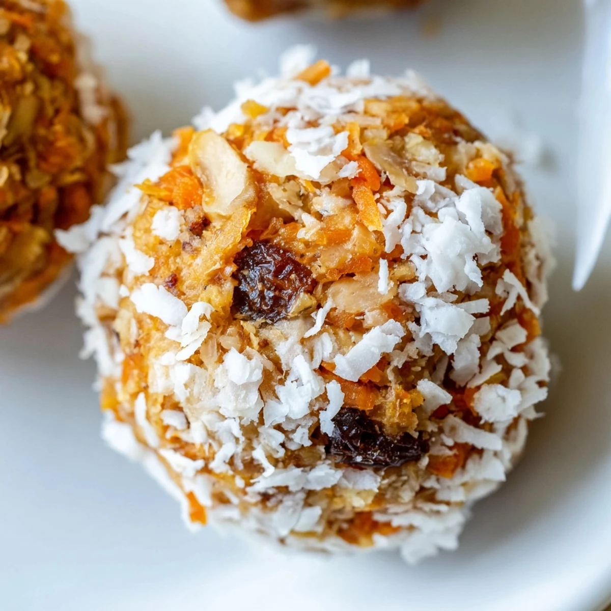 Bright orange carrots and shredded coconut make these No Bake Carrot Cake Bites pop on a plate.