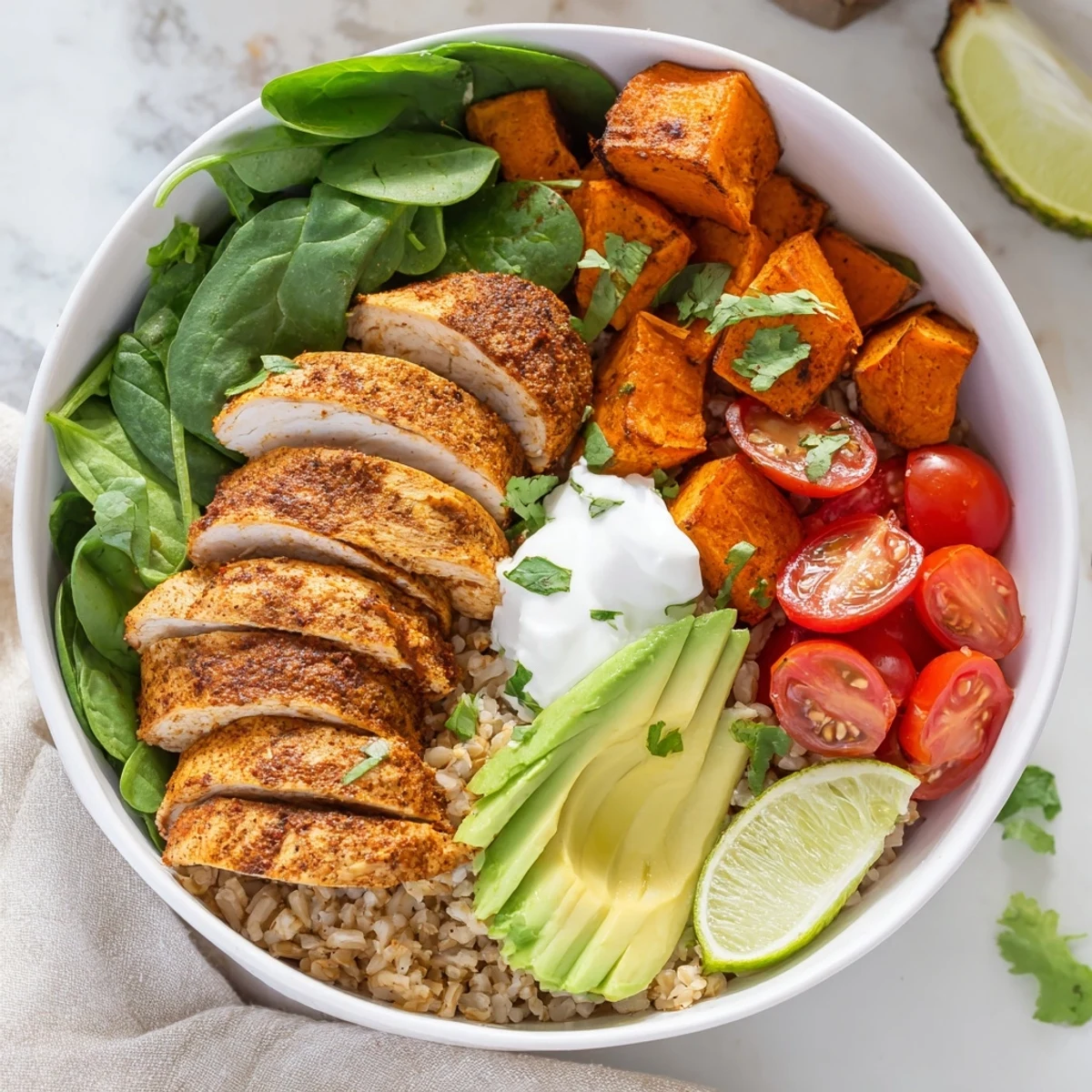 Golden roasted chicken and sweet potatoes rest on fluffy brown rice, topped with creamy avocado and Greek yogurt.