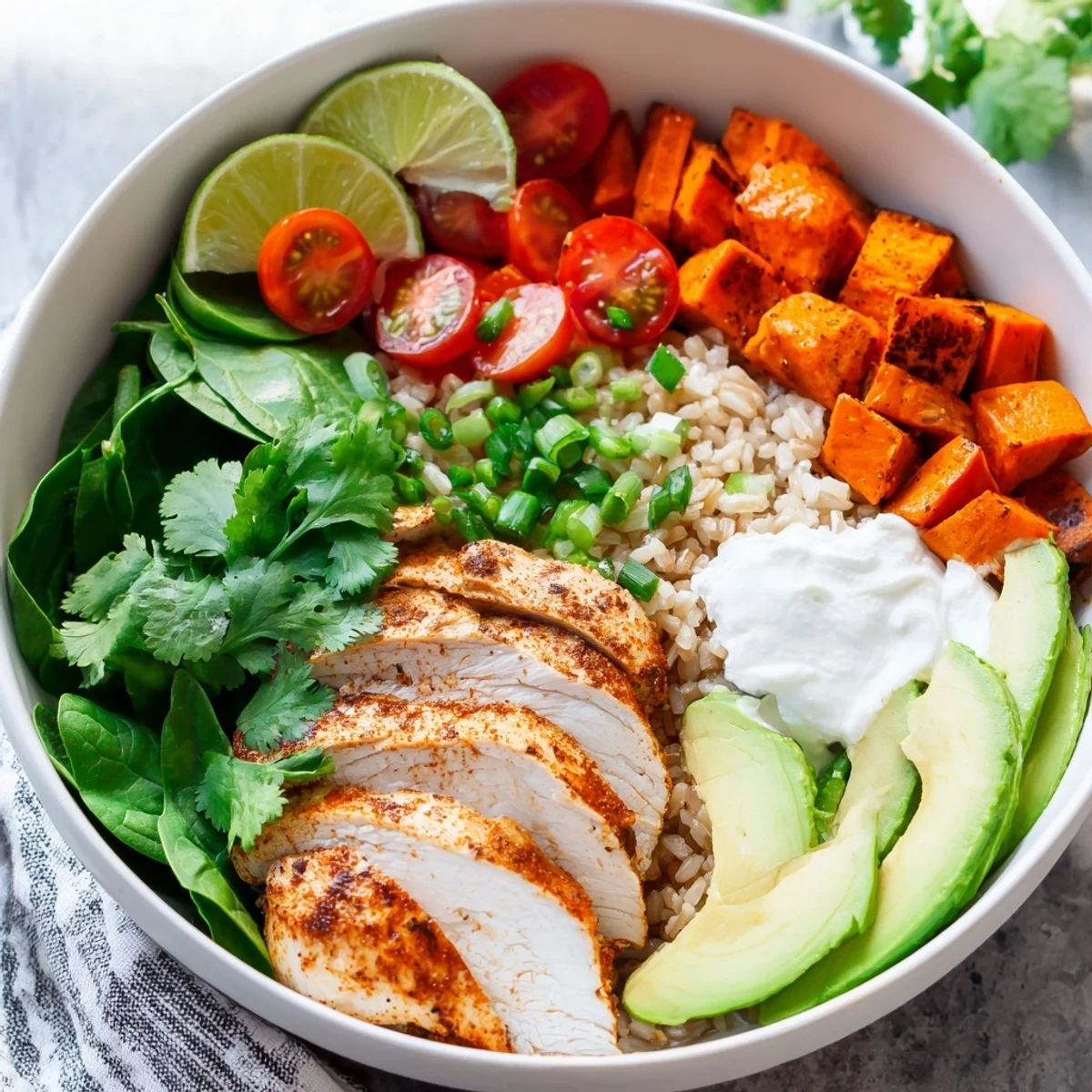 Juicy seasoned chicken slices and caramelized sweet potatoes sit atop rice, garnished with cilantro and lime wedges.