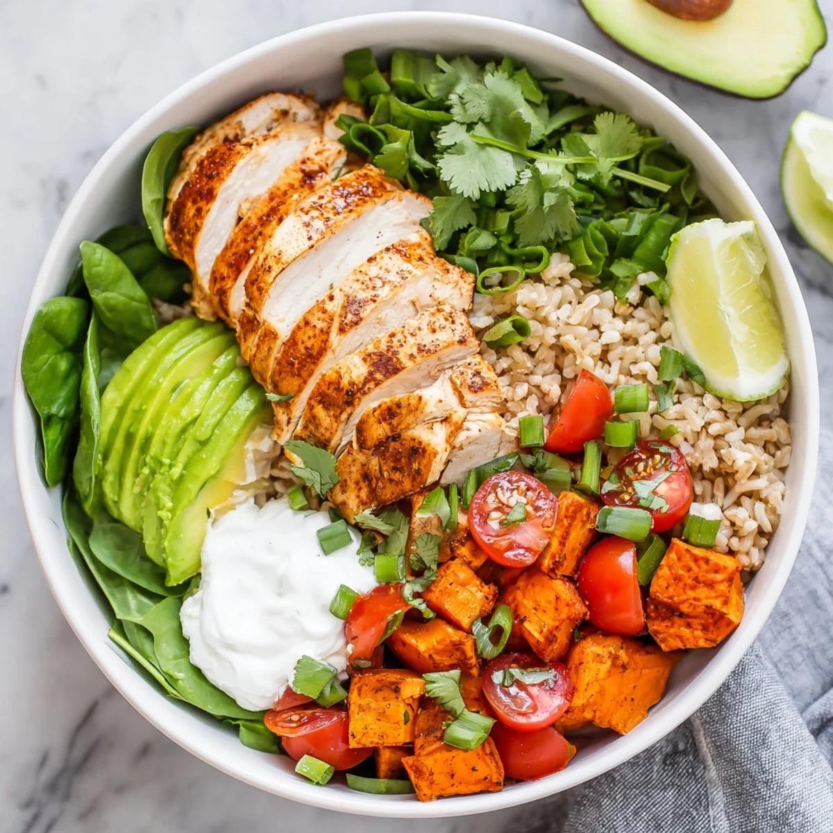A vibrant bowl features tender chicken, roasted sweet potatoes, spinach, and tomatoes, finished with a dollop of yogurt.