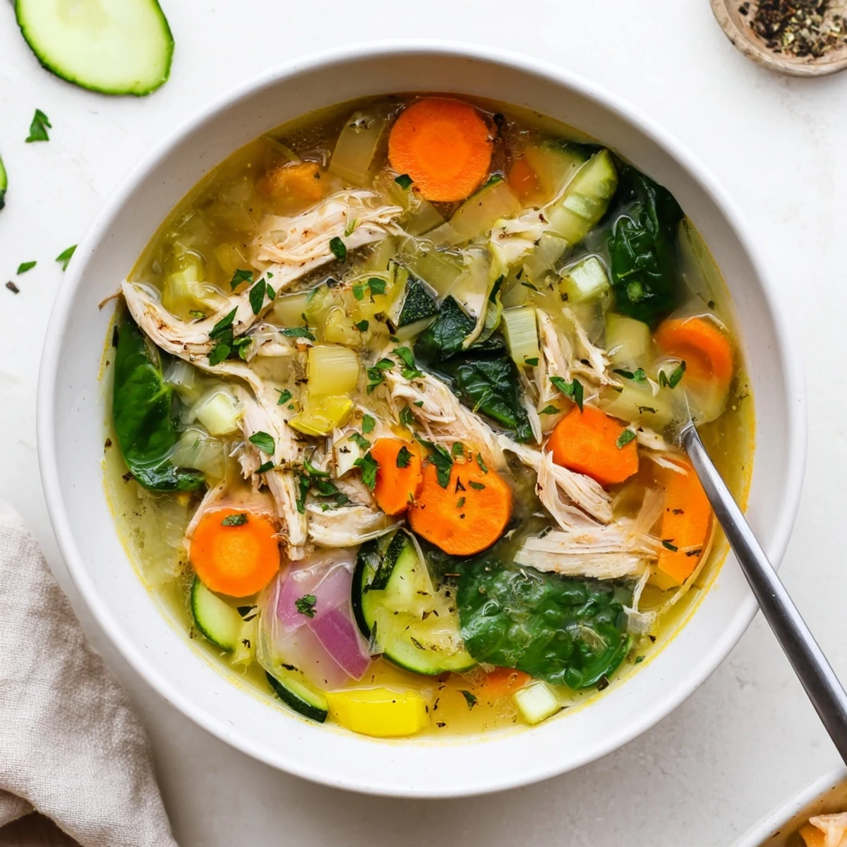 A bowl of The Best Healing Chicken Soup filled with tender shredded chicken, carrots, celery, and leafy greens in a golden broth.