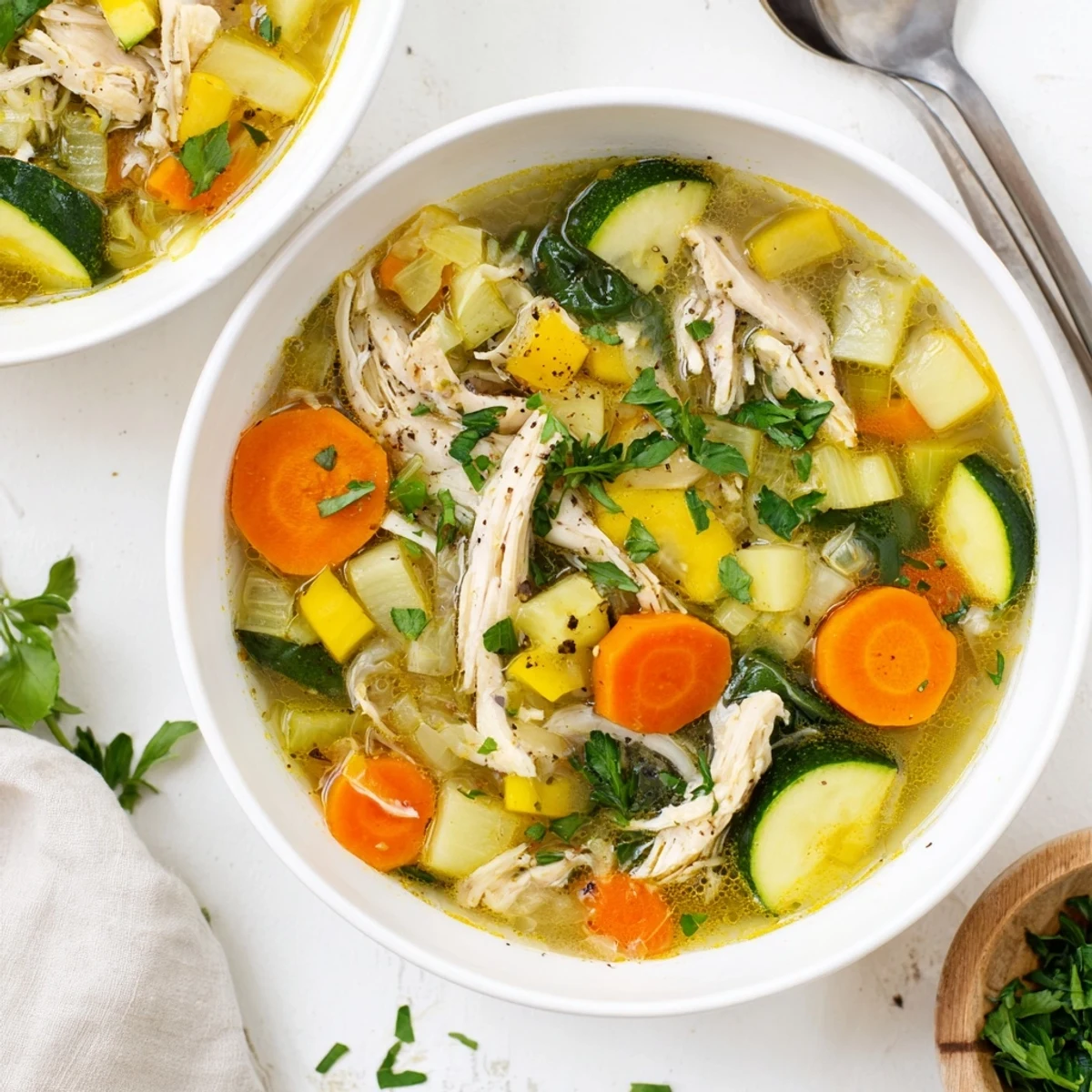 The Best Healing Chicken Soup steams in a rustic pot, garnished with fresh parsley and lemon wedges, ready for a cozy dinner.