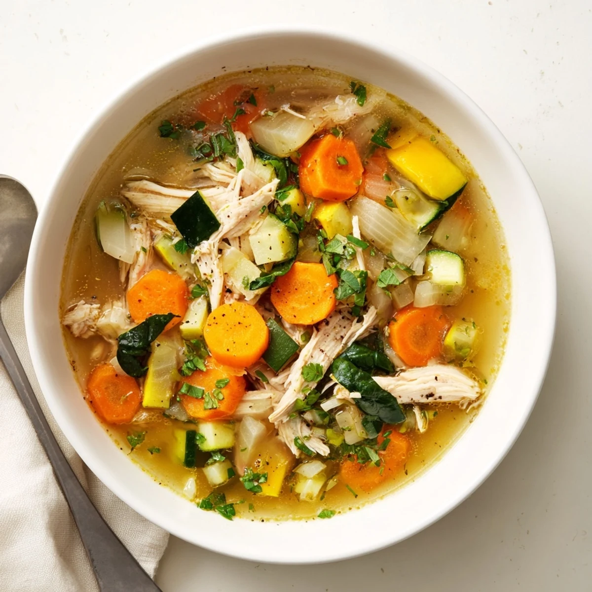 Close-up of The Best Healing Chicken Soup showing vibrant turmeric broth, chunky vegetables, and shredded chicken perfect for a comforting meal.
