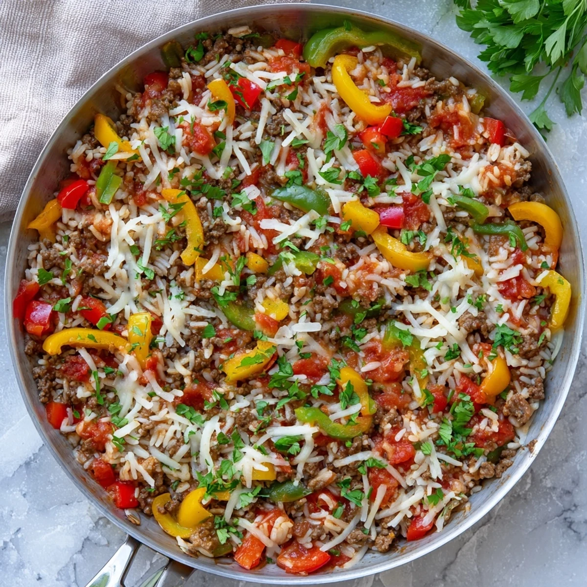 A close-up of Unstuffed Pepper Skillet with melted mozzarella and fresh parsley garnish.  