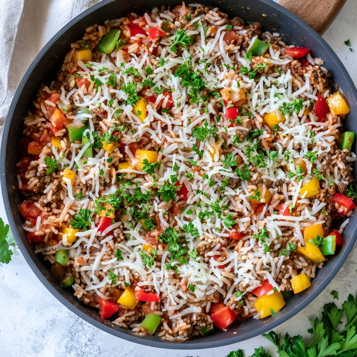 A hearty Unstuffed Pepper Skillet with ground beef, rice, and vibrant bell peppers on a wooden table.