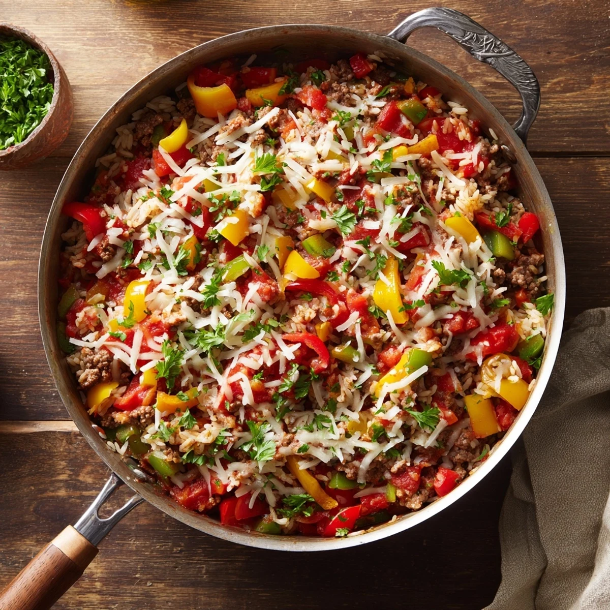 Unstuffed Pepper Skillet served in a rustic cast iron skillet, topped with melted mozzarella cheese.  
