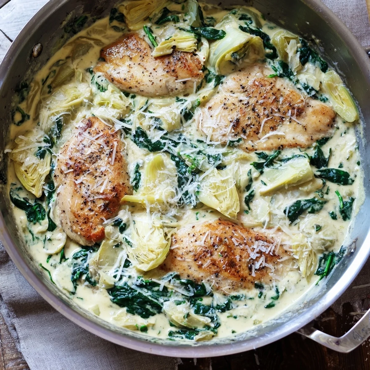 A rustic skillet of spinach artichoke chicken with cottage cheese sauce, featuring golden chicken and melted mozzarella perfect for a weeknight meal.