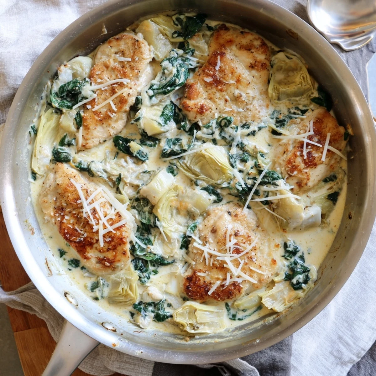 Fresh wilted spinach and chopped artichoke hearts in a luscious cottage cheese sauce, served over tender chicken breasts with a savory garnish.