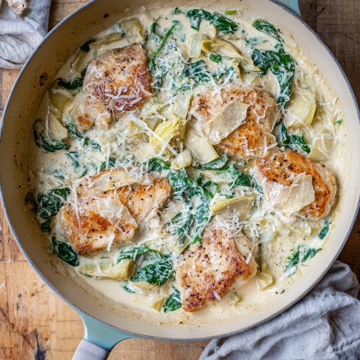 Golden seared chicken breasts nestled in a creamy spinach artichoke cottage cheese sauce, topped with bubbling mozzarella cheese for a comforting dinner.