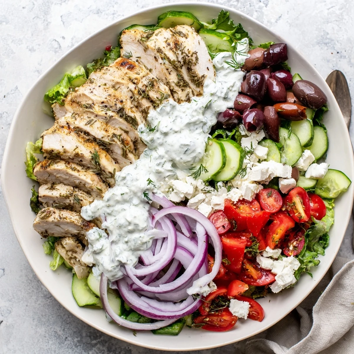 Sliced grilled chicken breast atop a vibrant salad, featuring a creamy homemade tzatziki dressing perfect for summer.