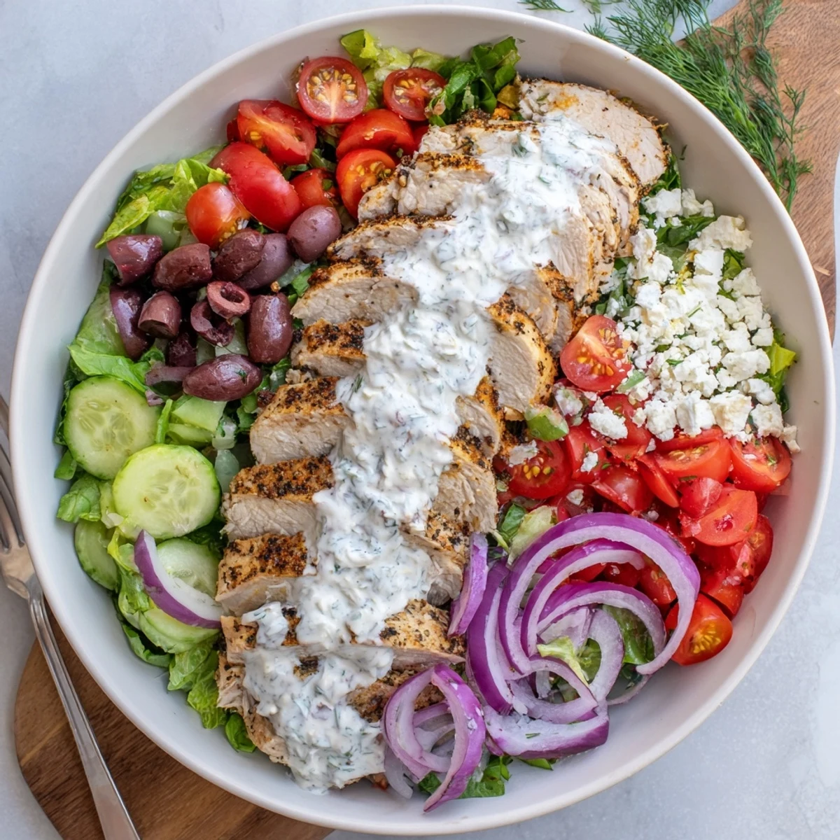 Serve this flavorful Tzatziki Chicken Salad as a light gluten-free lunch, drizzled with refreshing Greek yogurt dressing.