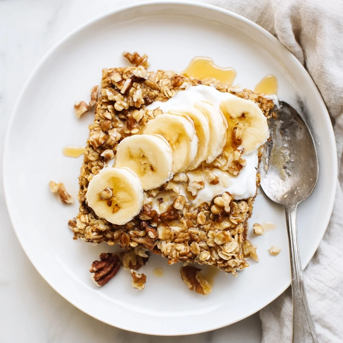 A slice of Banana Baked Oatmeal with Greek Yogurt on a white plate, topped with banana slices and walnuts.