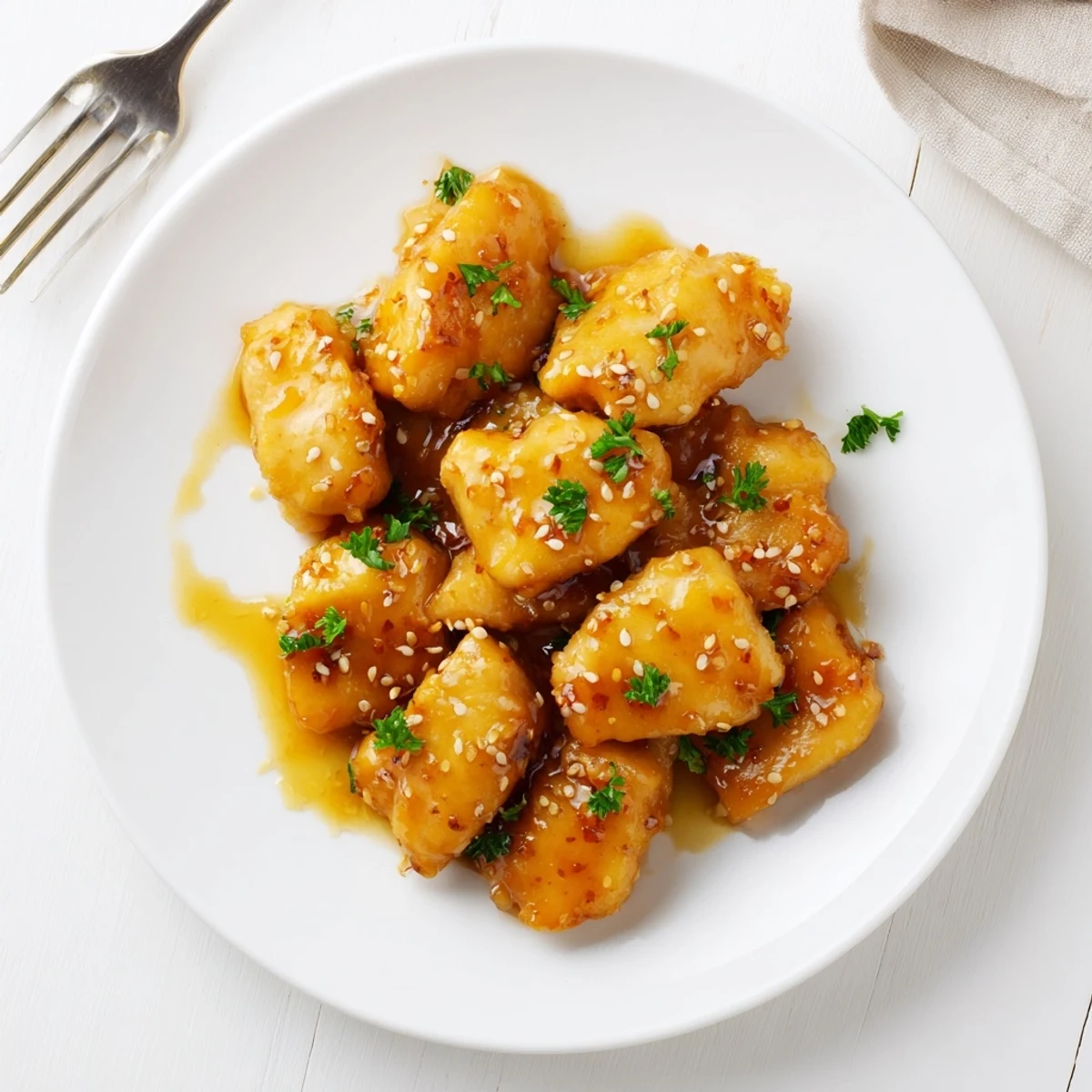 Golden pieces of Honey Butter Chicken glisten with sticky sauce beside fluffy white rice and fresh parsley.