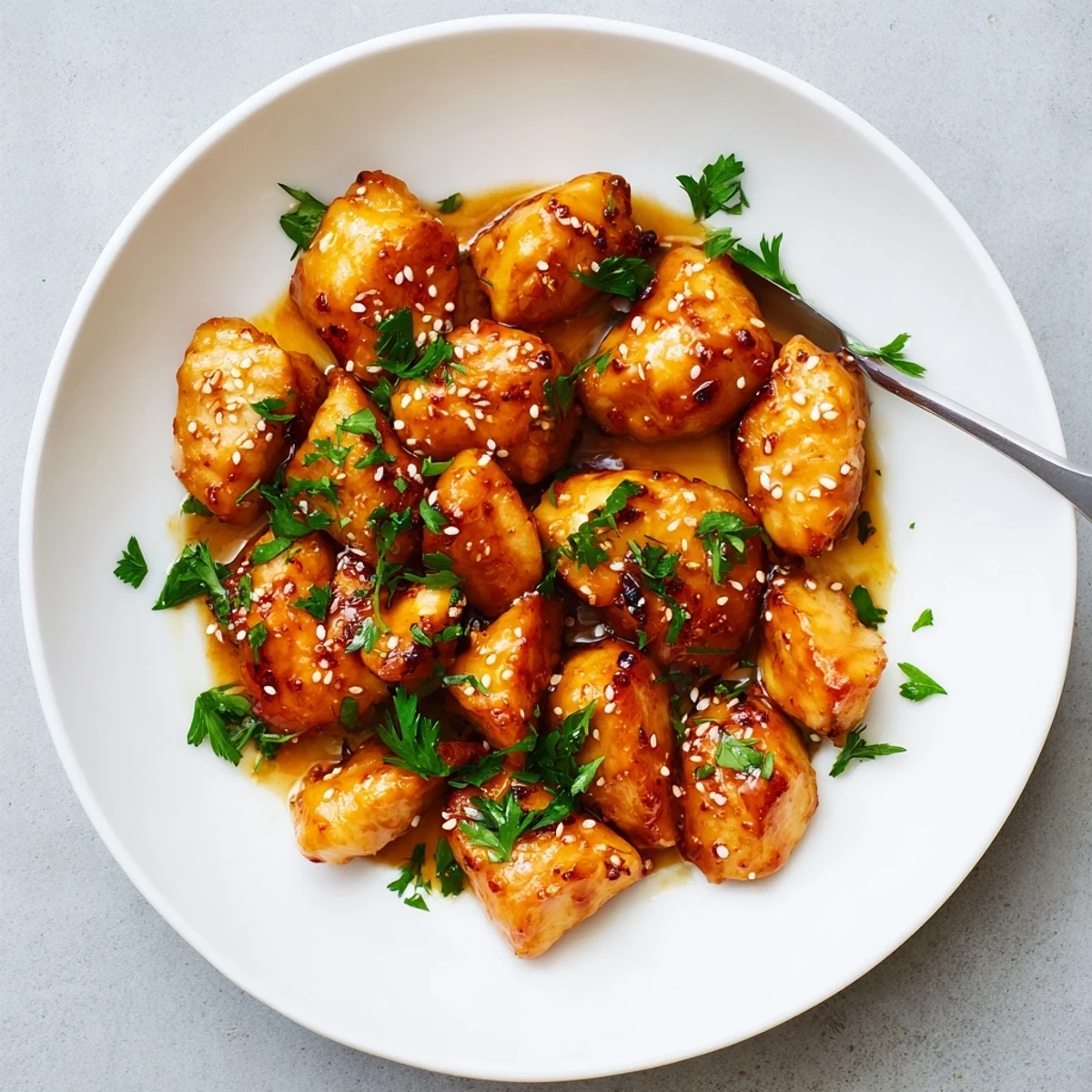Close up of Honey Butter Chicken showing tender chicken pieces coated in glossy honey butter sauce.