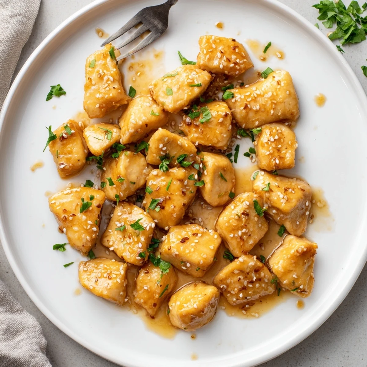 Honey Butter Chicken rests on a plate, glazed with savory sauce and garnished with sesame seeds.
