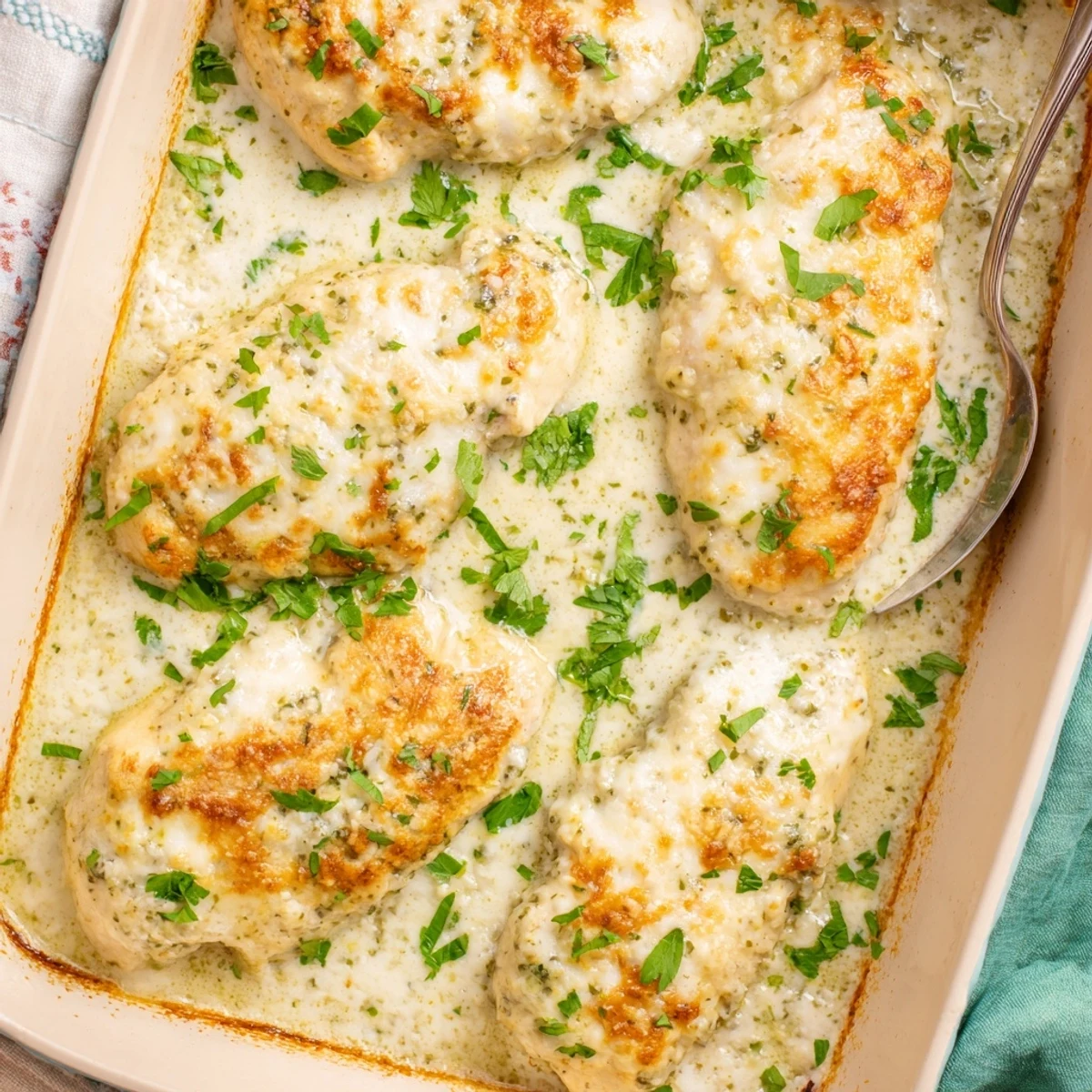 Golden baked Caesar chicken breasts covered in a creamy Parmesan sauce and melted cheese, served warm.