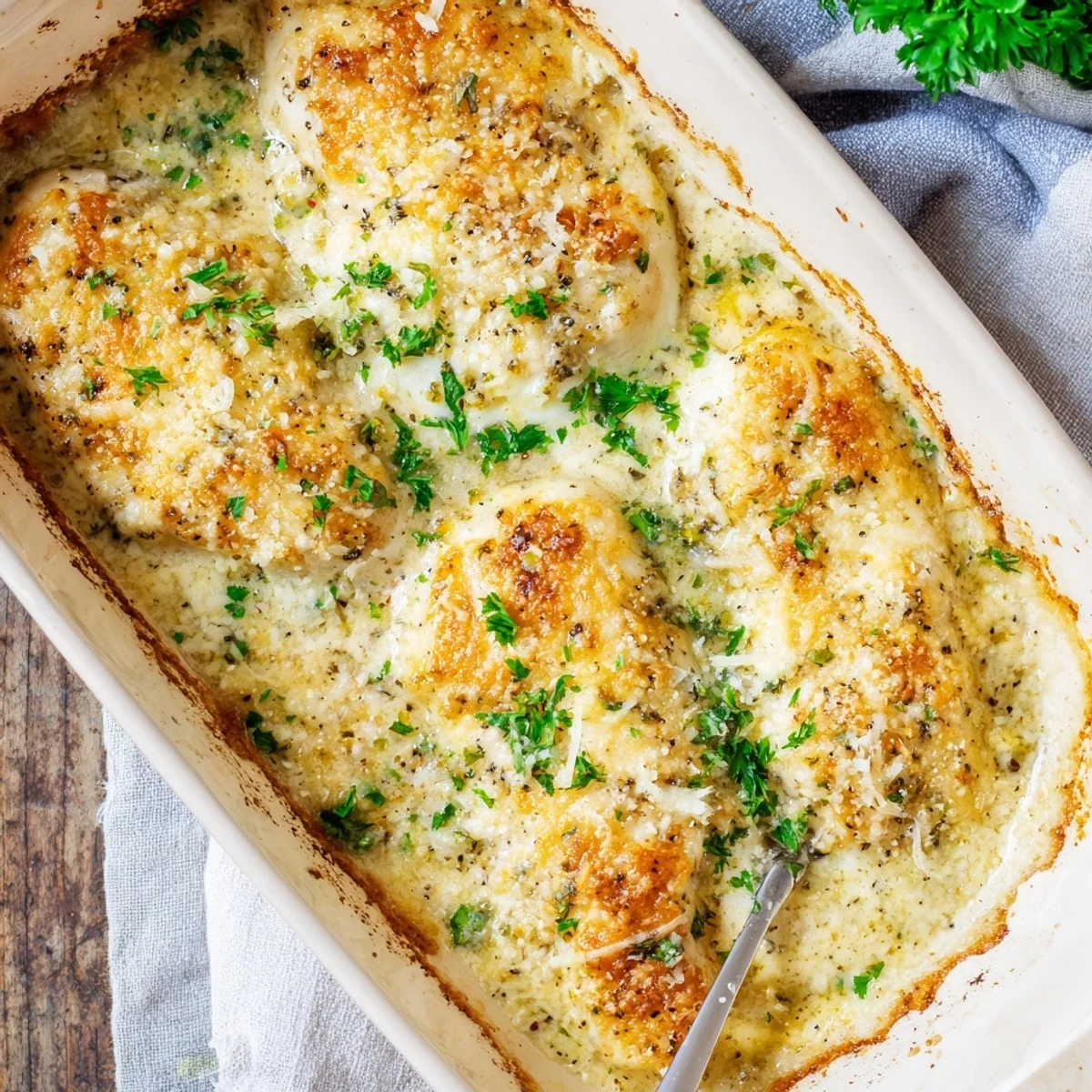 Savory Creamy Parmesan Baked Caesar Chicken resting in a creamy sauce, garnished with fresh parsley on a ceramic plate.