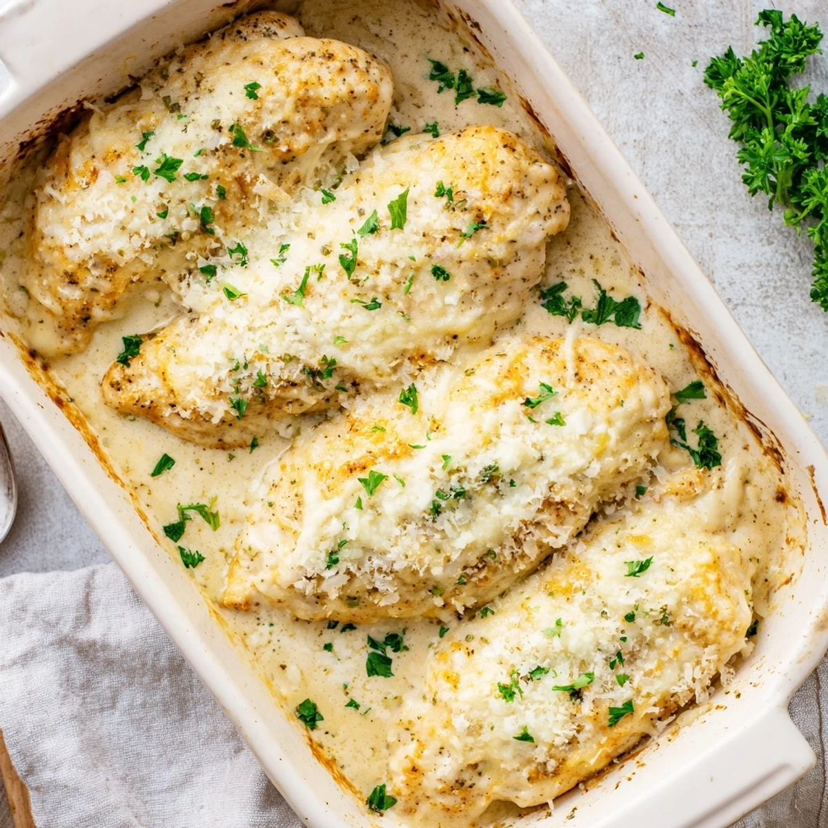 Tender chicken breasts with a luscious Caesar Parmesan sauce and golden, bubbling cheese topping in a baking dish.