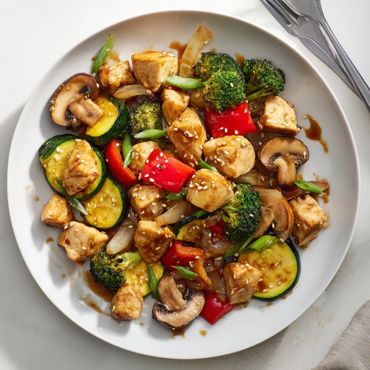 Golden air fryer chicken and vibrant vegetables for this Perfect Easy Air Fryer Hibachi Chicken & Vegetables.
