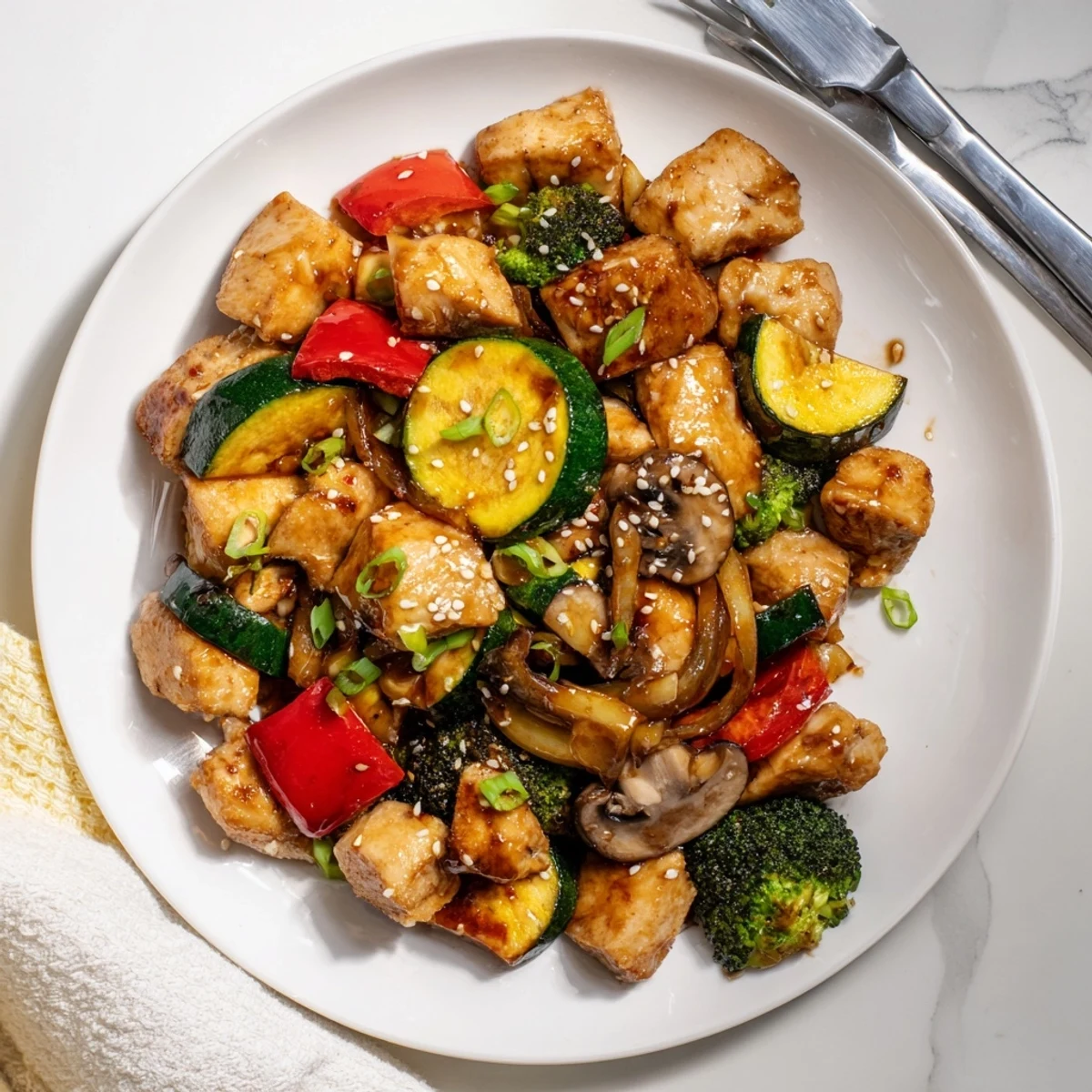 Perfect Easy Air Fryer Hibachi Chicken & Vegetables sizzling in a basket, ready to serve.