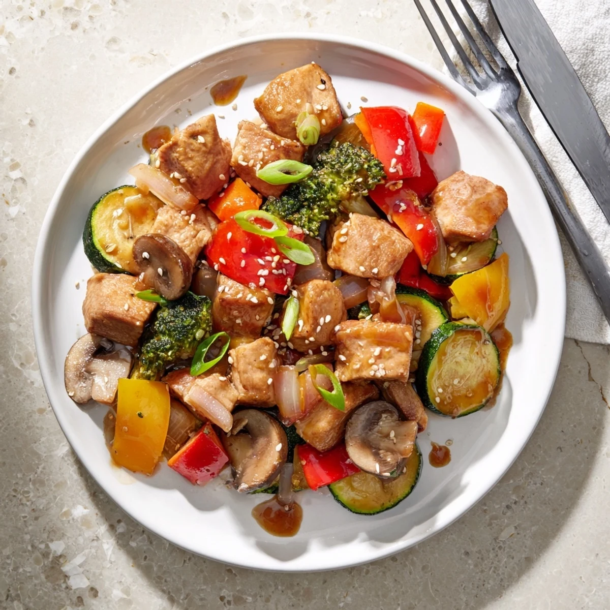 Close-up of juicy chicken and crisp veggies for the Perfect Easy Air Fryer Hibachi Chicken & Vegetables.