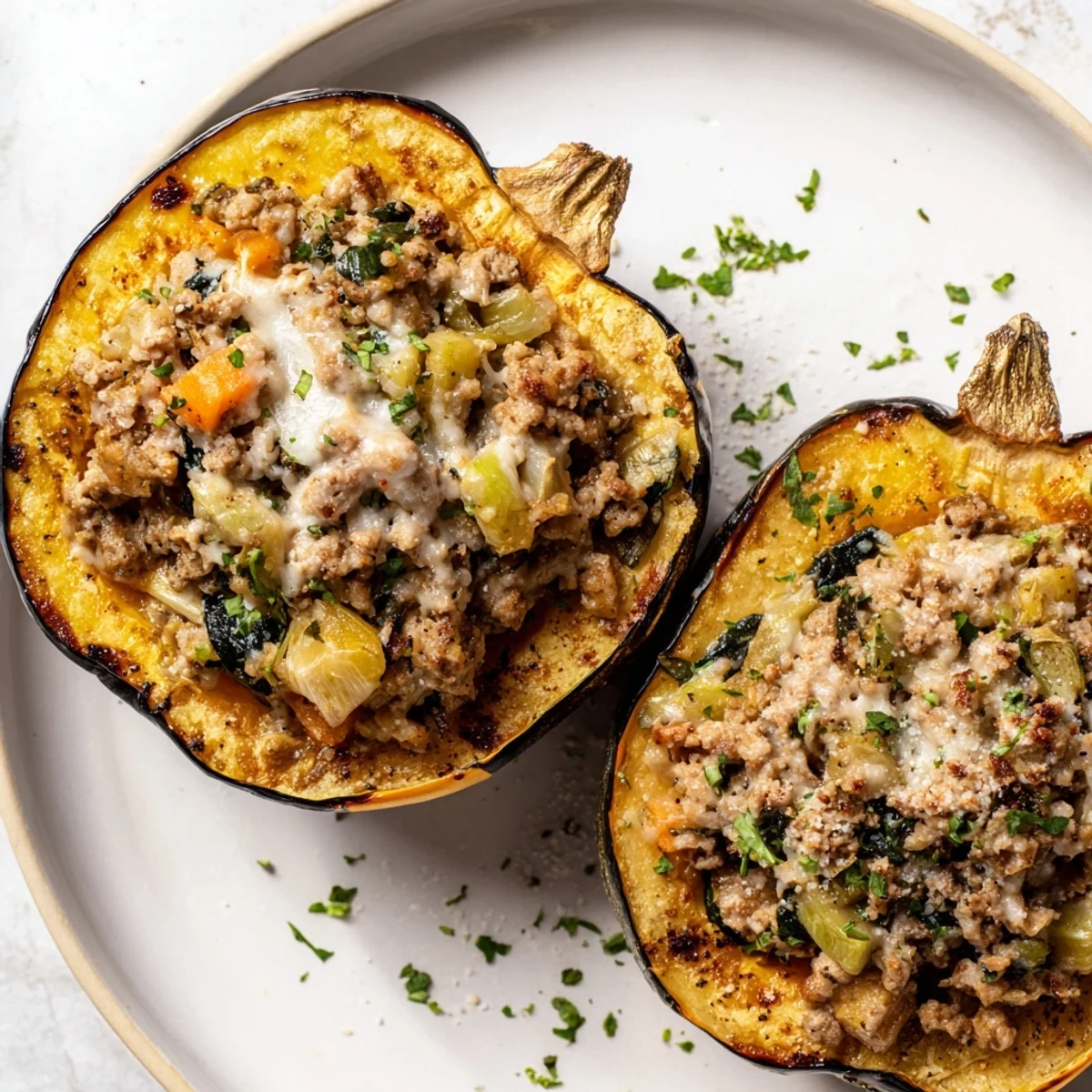 Golden roasted acorn squash halves brimming with savory turkey stuffing, garnished with fresh parsley for a cozy autumn dinner.