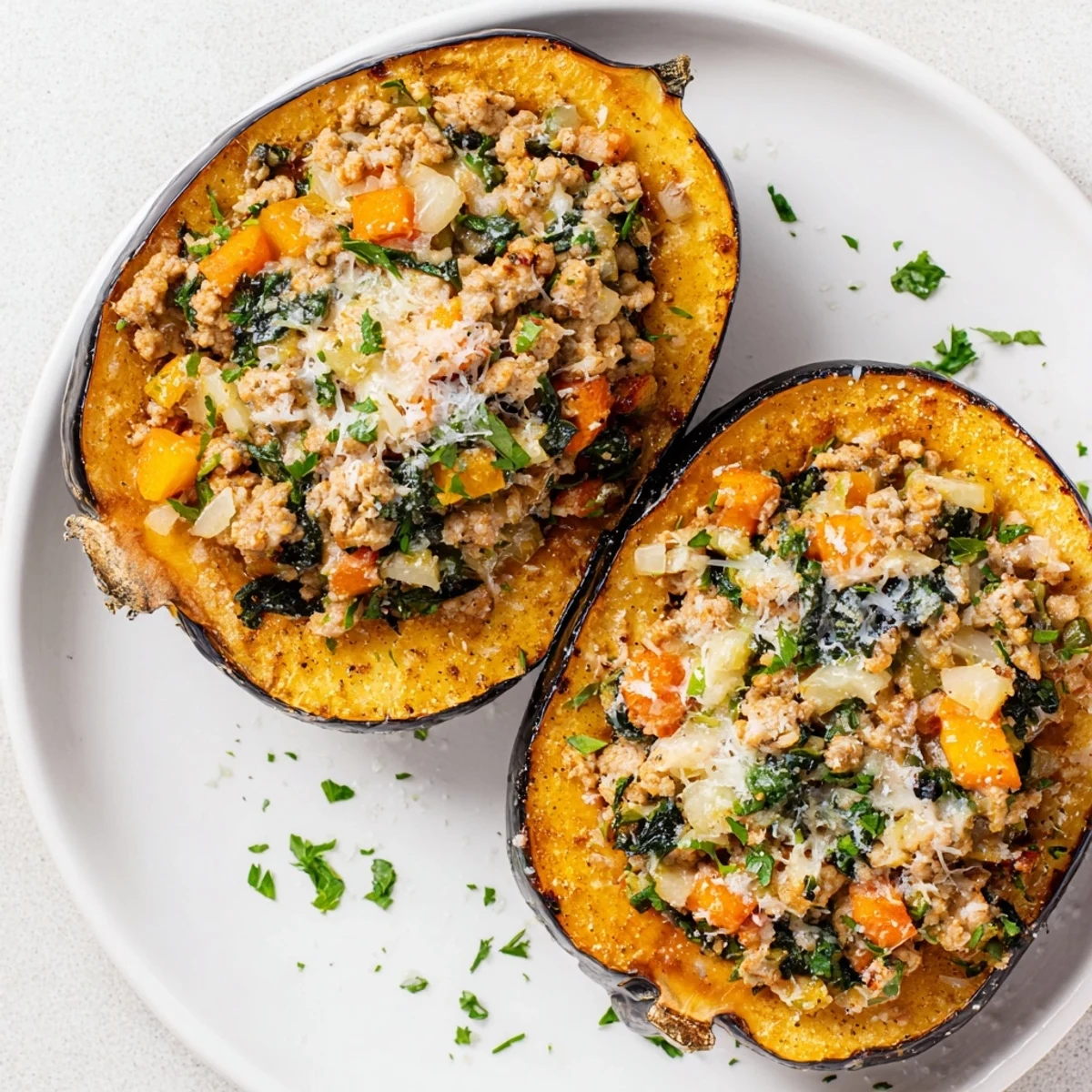 Herbed turkey filling with apple and spinach nestled inside tender acorn squash, baked until the Parmesan topping turns bubbly and golden.