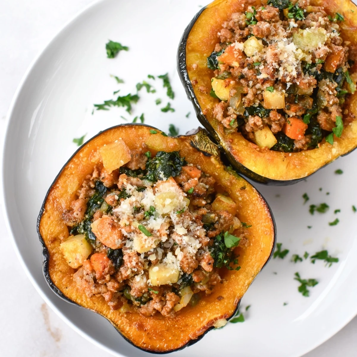 Savory Thanksgiving-inspired Turkey Stuffed Acorn Squash served hot with a sprinkle of parsley and a glass of crisp white wine.