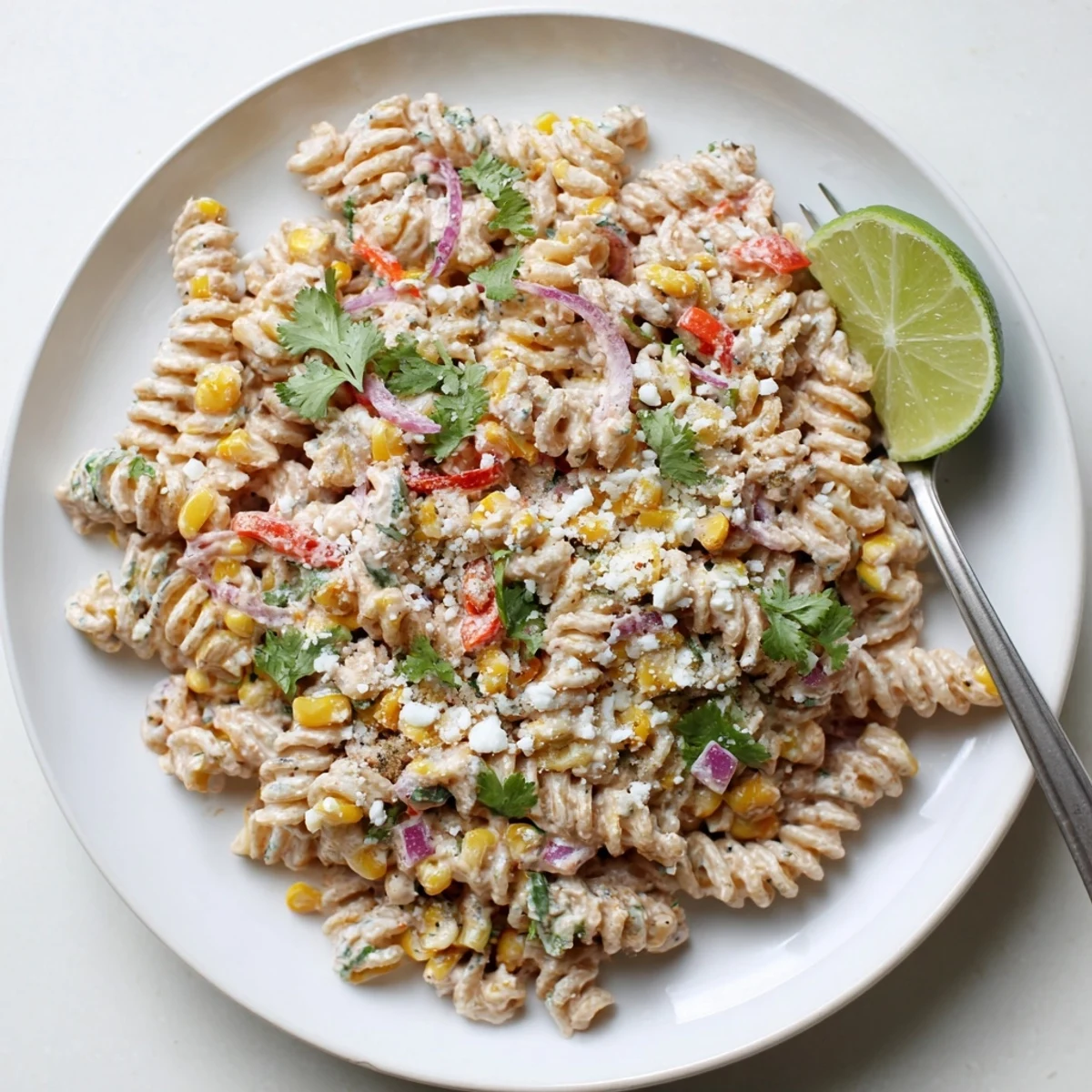 Vibrant Juicy Street Corn Pasta Salad with charred corn, creamy dressing, and crumbled cotija cheese in a serving bowl.