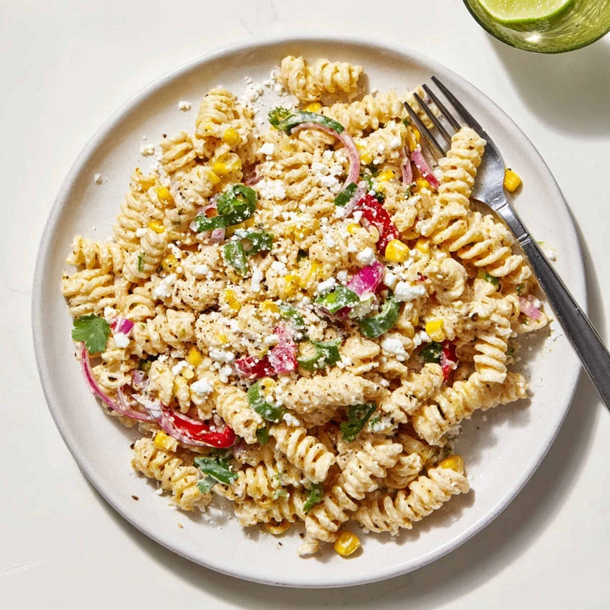 Bright Juicy Street Corn Pasta Salad garnished with lime wedges and chili powder, ready for a light vegetarian meal.