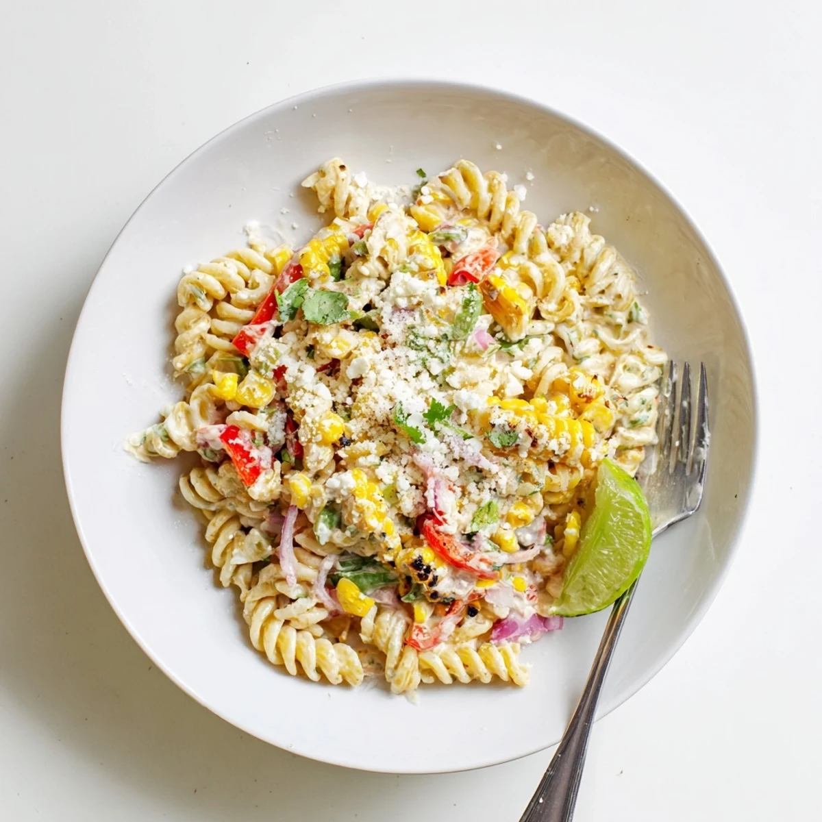 Juicy Street Corn Pasta Salad tossed with red onion, jalapeño, and cilantro, perfect for a summer potluck side.