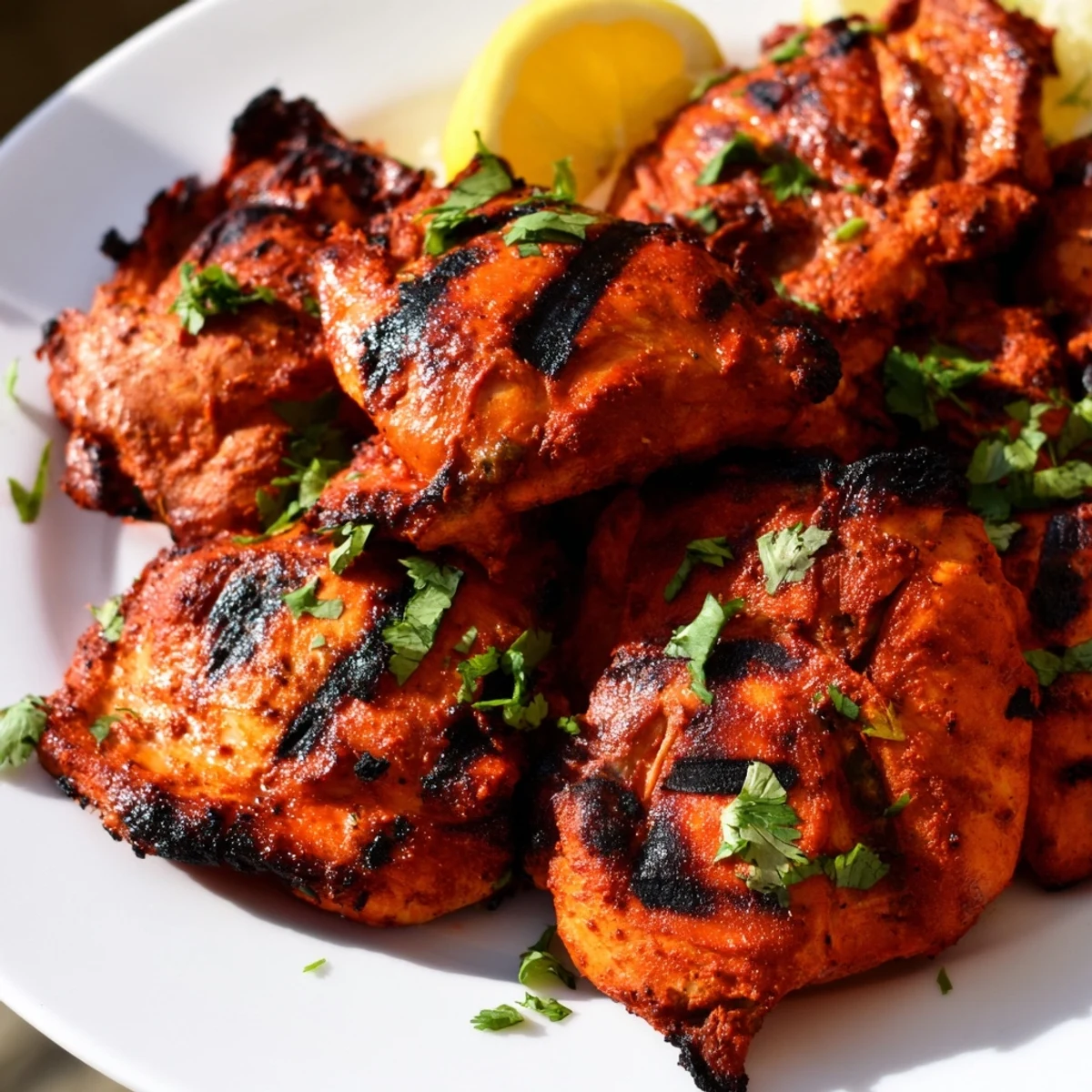 Golden-brown Grilled Tandoori Chicken thighs fresh off the grill, boasting a smoky char and vibrant red-orange spices.