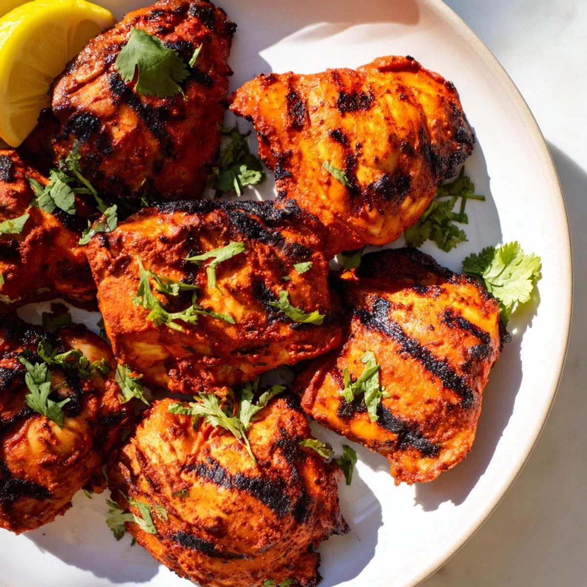 Freshly grilled Grilled Tandoori Chicken thighs served with lemon wedges and cilantro, perfect with warm naan.