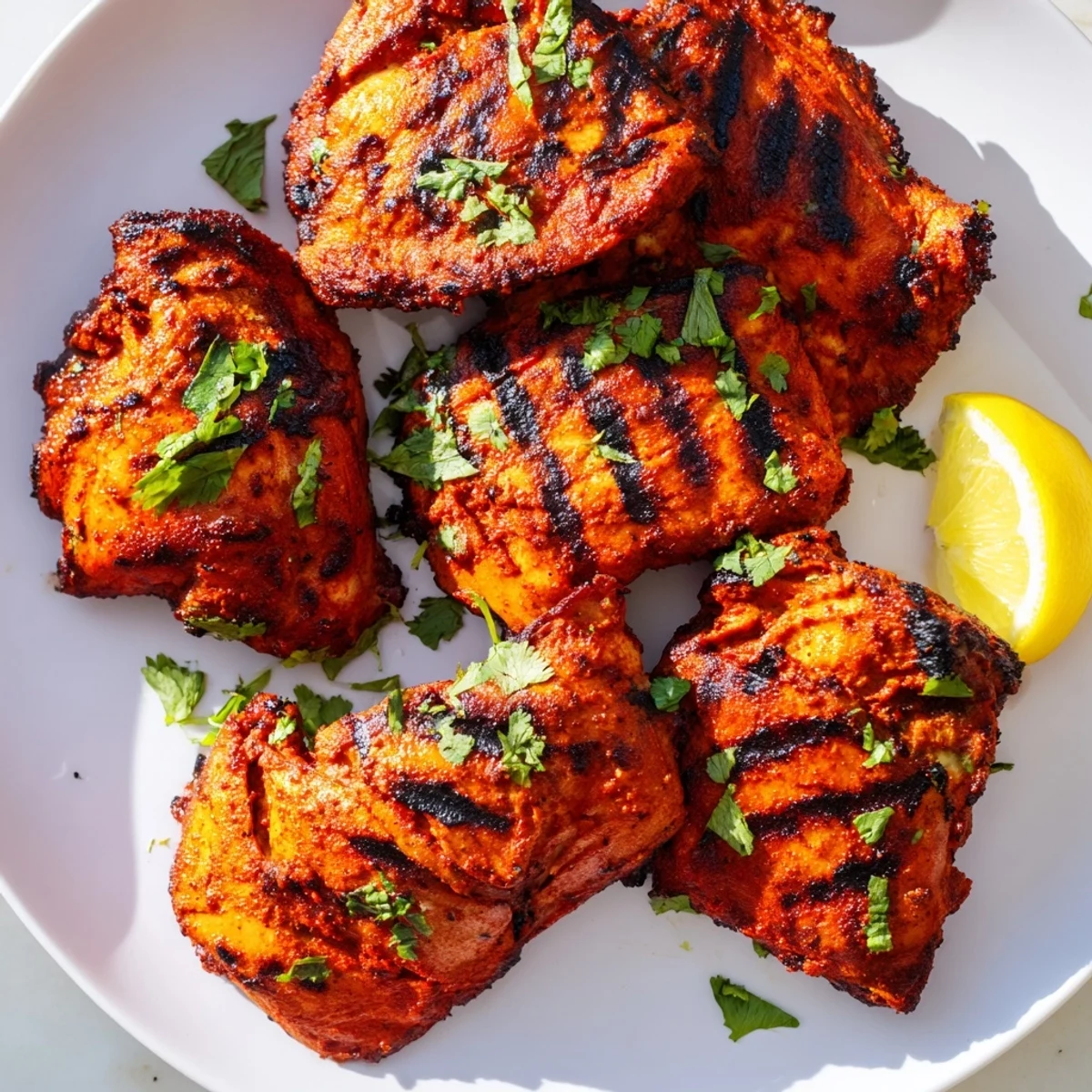 Juicy, charred Grilled Tandoori Chicken thighs resting on a plate with a side of cool cucumber salad.