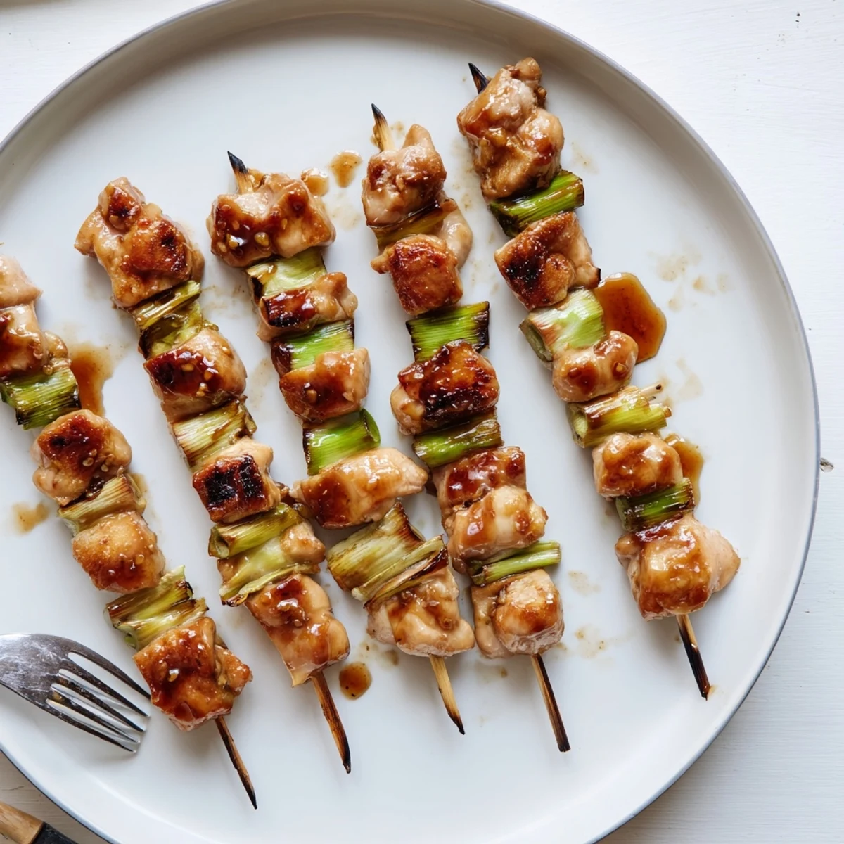 Sizzling Japanese Chicken Yakitori skewers glazed with glossy tare sauce, fresh from the grill with charred edges.