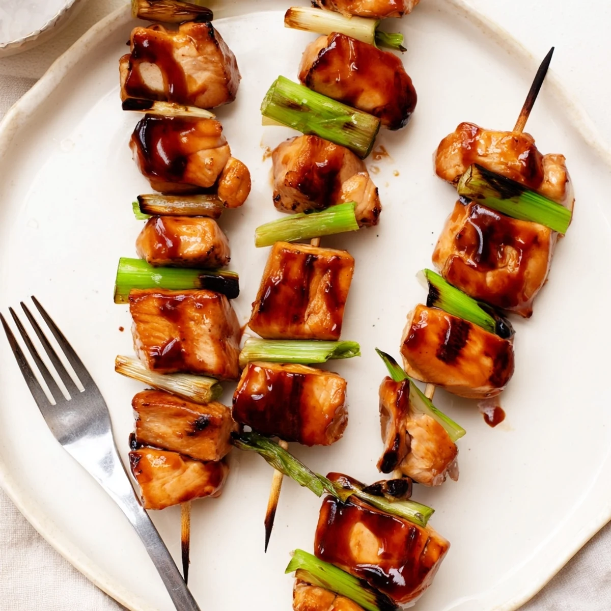 Savory Japanese Chicken Yakitori served on a wooden plate, garnished with scallions and sesame seeds for dipping.