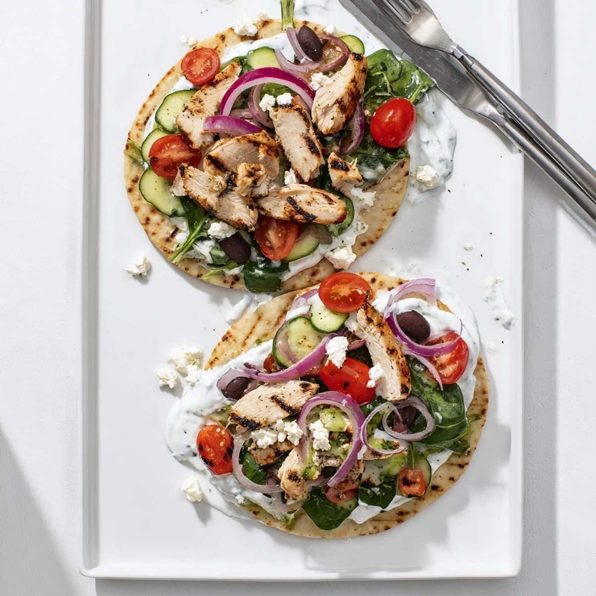 Golden-brown grilled chicken slices on warm flatbread with tzatziki, cucumbers, tomatoes, and feta.