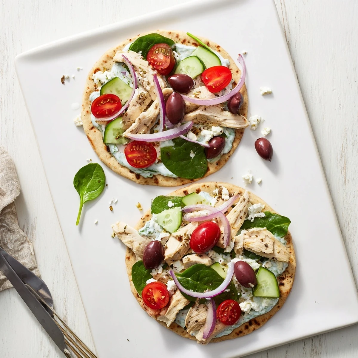 Freshly prepared Greek Chicken Flatbread topped with vibrant vegetables and creamy dill sauce.