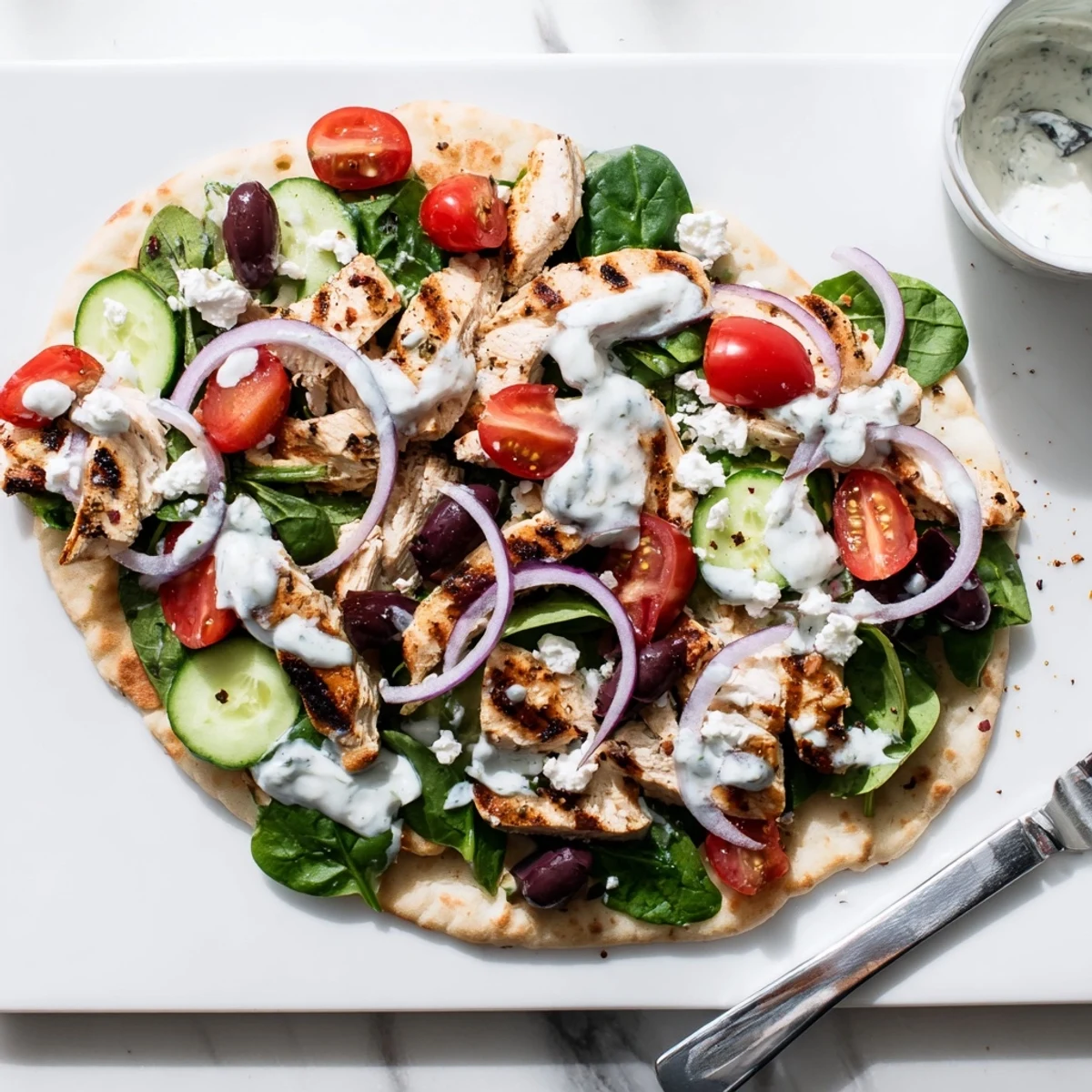 Serving suggestion for Greek Chicken Flatbread with olives, red onions, and arugula garnish.
