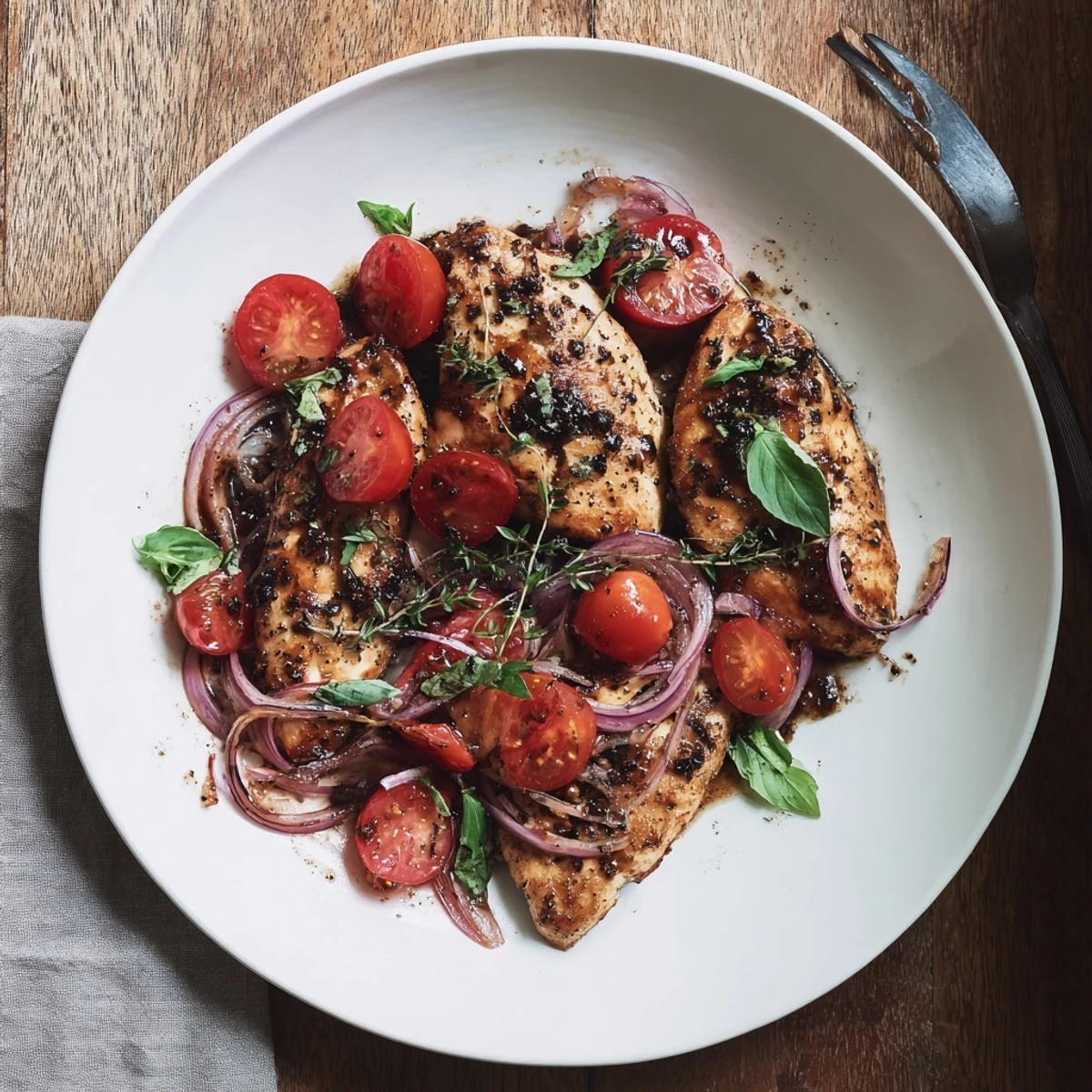 Tender One Pan Juicy Chicken With Balsamic Sauce served over creamy mashed potatoes, garnished with fresh basil.