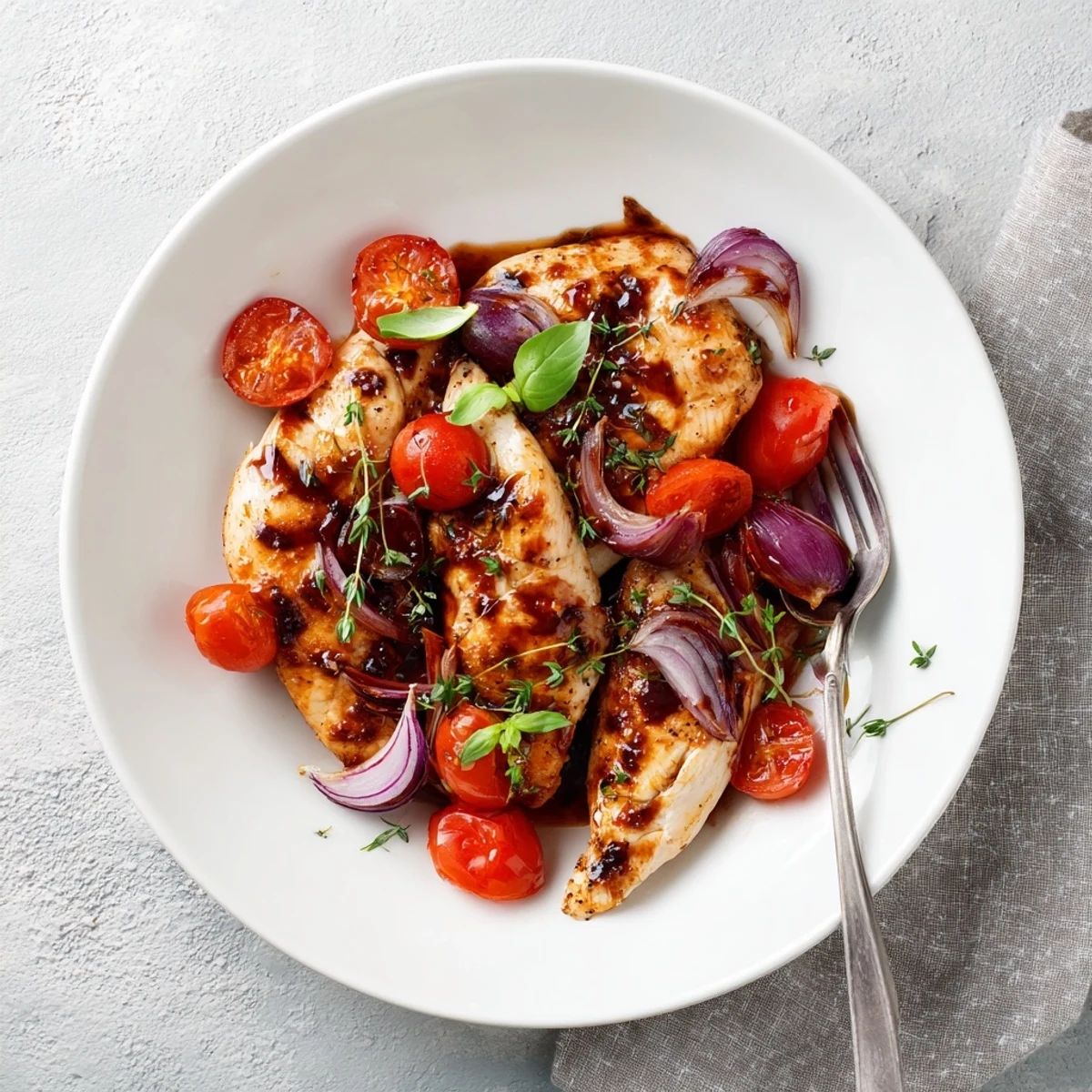 Juicy golden chicken breasts simmered in a glossy balsamic glaze with garlic and cherry tomatoes in one skillet.