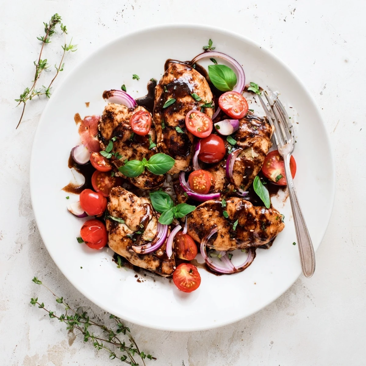 One Pan Juicy Chicken With Balsamic Sauce plated with buttery bread to soak up the rich, garlicky sauce.