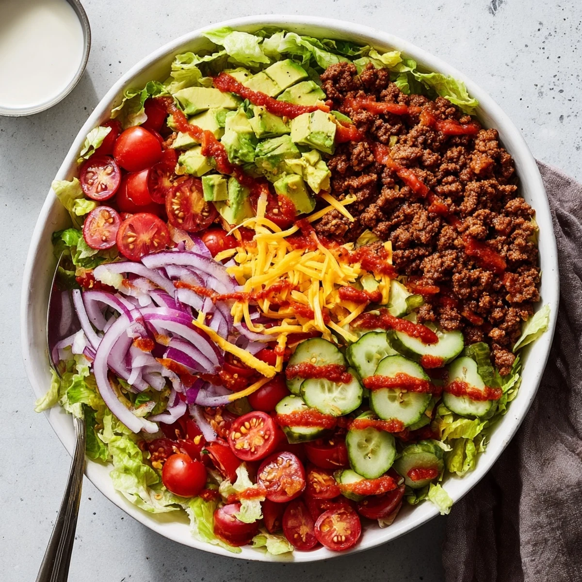 Golden seasoned ground beef topped with melted cheddar over crisp romaine lettuce in a hearty burger bowl