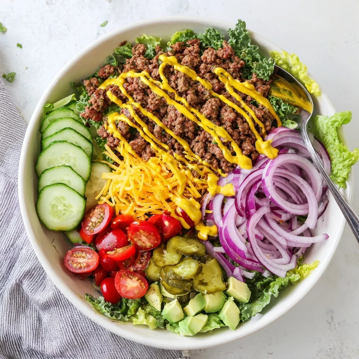 Low carb burger bowl layered with juicy seasoned beef fresh tomatoes pickles and creamy special sauce